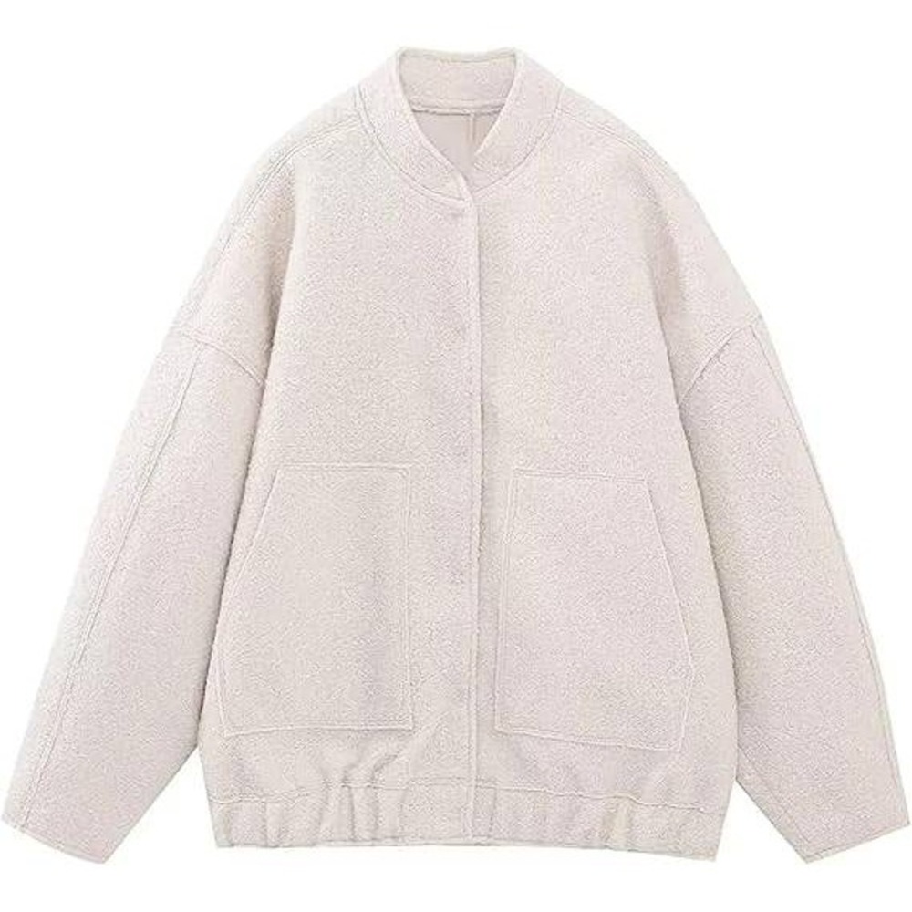 Chic Women's Cream Round Neck Button Front Bomber Jacket Size M